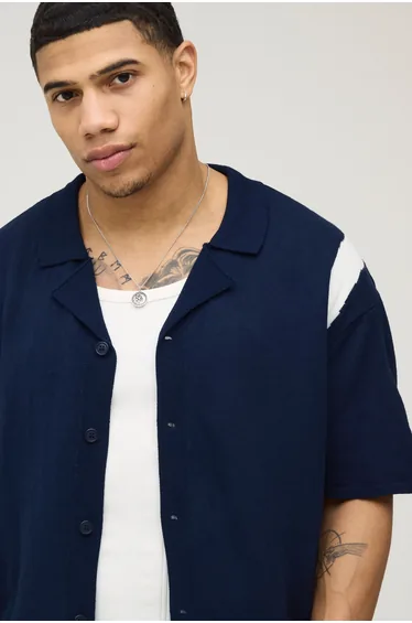 Relaxed Boxy Contrast Panel Knitted Shirt - navy