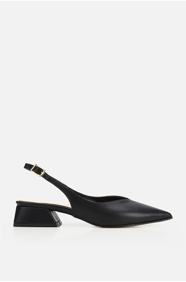 Women's black pointed toe open back mid heel shoe