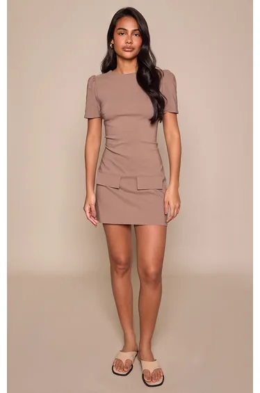 Taupe Puffball Short Sleeve Stretch Woven Shift Dress