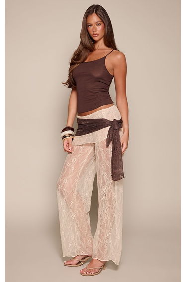 Cream Contrast Lace Wrap Straight Leg Trousers