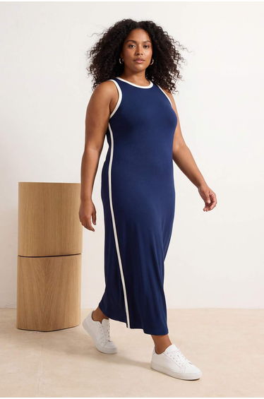 Navy Blue Piping Detailed Slit Soft Fabric Maxi Flexible Knitted Plus Size Dress