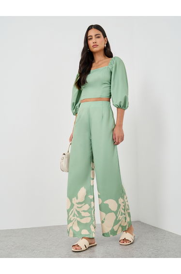 Balloon Sleeve Square Neck Crop Top and Pants Co-Ords