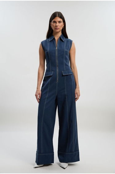 Tencel Cotton Contrast Stitch Zip Front Woven Jumpsuit