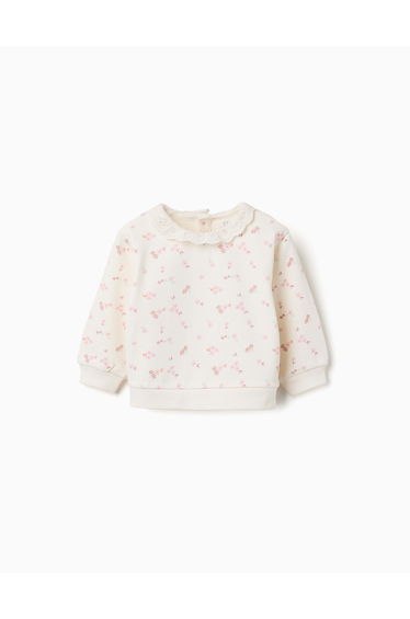 Cotton sweatshirt with flowers and broderie anglaise for baby girls white