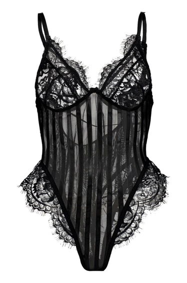 Eyelash Lace & Stripe Mesh Body - black