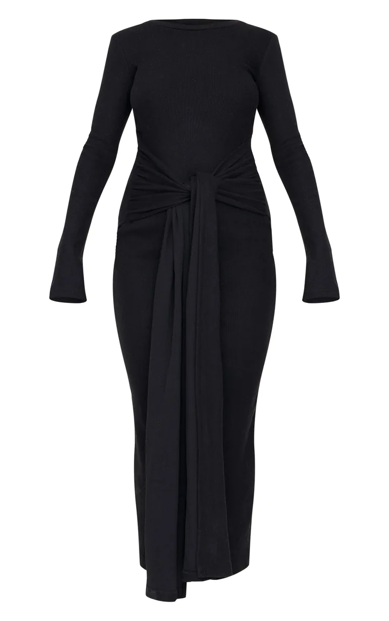 rib tie dress Women's Black Heavy Brushed Rib Wrap Tie Maxi Dress