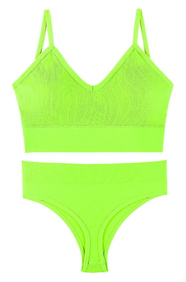 Plain Ribbed Lingerie Bra Top and Thong Set in Neon Green