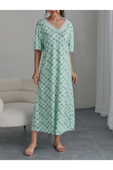 Green Floral Print Short Sleeve Nightdress