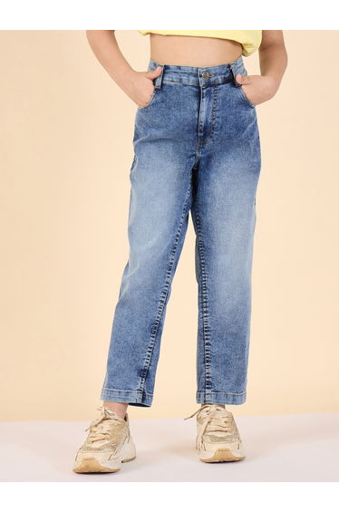 Girls Blue Acid Wash Faded Jeans