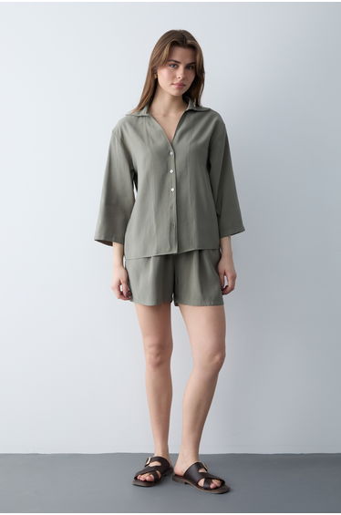Khaki Modal Shirt Shorts Woven Bottom - Top Set