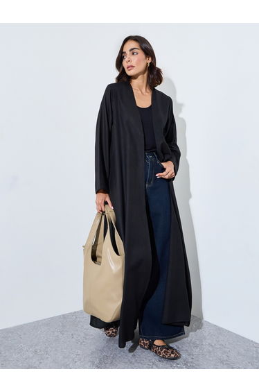Black Linen Look Abaya with Wide Sleeves
