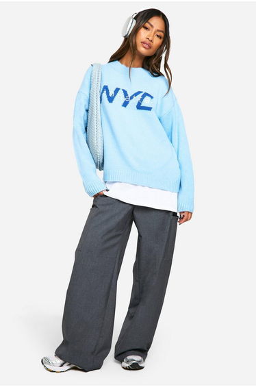 Nyc Oversized Knitted Crew Neck Jumper - baby blue