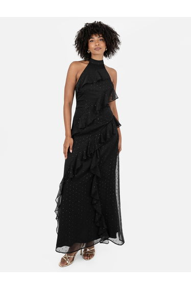Anaya with Love Recycled Black Halter Neck Ruffled Maxi Dress