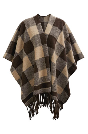 Classic Check Fringed Hem Poncho in Brown