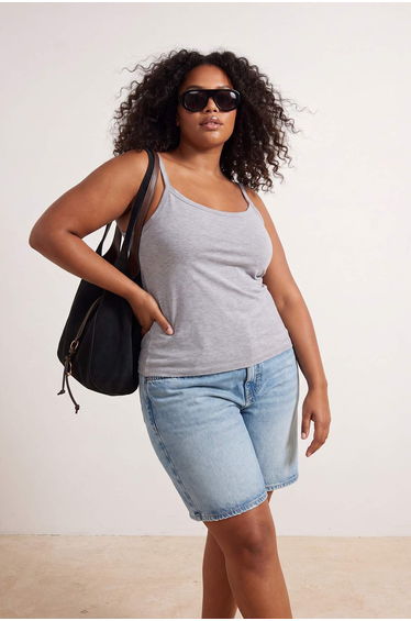 Gray Melange Fitted/Bodycon Pool Neck Sleeveless Cotton Ribbed Knitted Plus Size Undershirt
