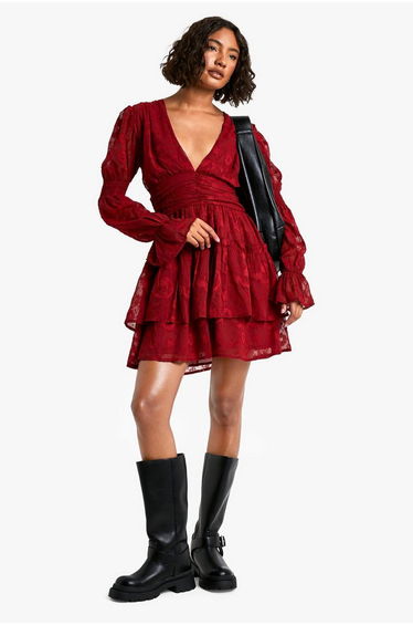 Tall Paisley Burnout Puff Sleeve Ruched Skater Dress