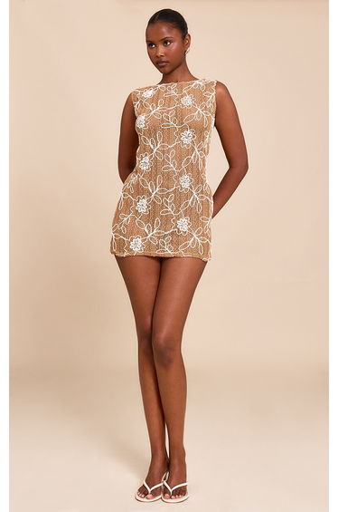 Tan Textured Floral Boat Neck Shift Dress
