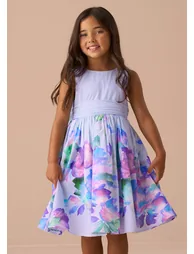 Elisa Purple Print Border Bow Back Dress