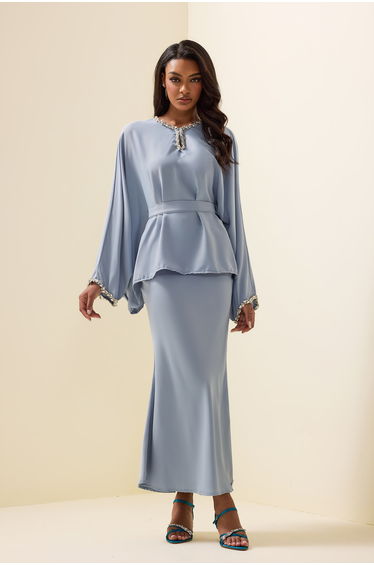 Rhinestone Solid Top ＆ Midi Skirt Set