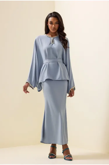 Rhinestone Solid Top ＆ Midi Skirt Set