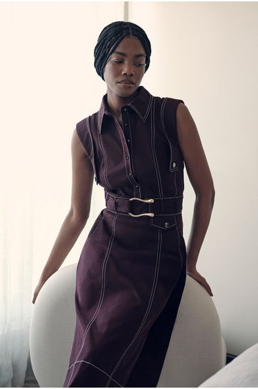 Petite Tailored Top Stitch Detail Belted Midi Dress