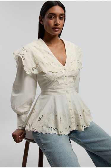 Cutwork Button Collar Detail Woven Blouse