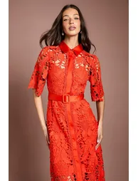 Lace Shirt Dress With Short Sleeves - 1