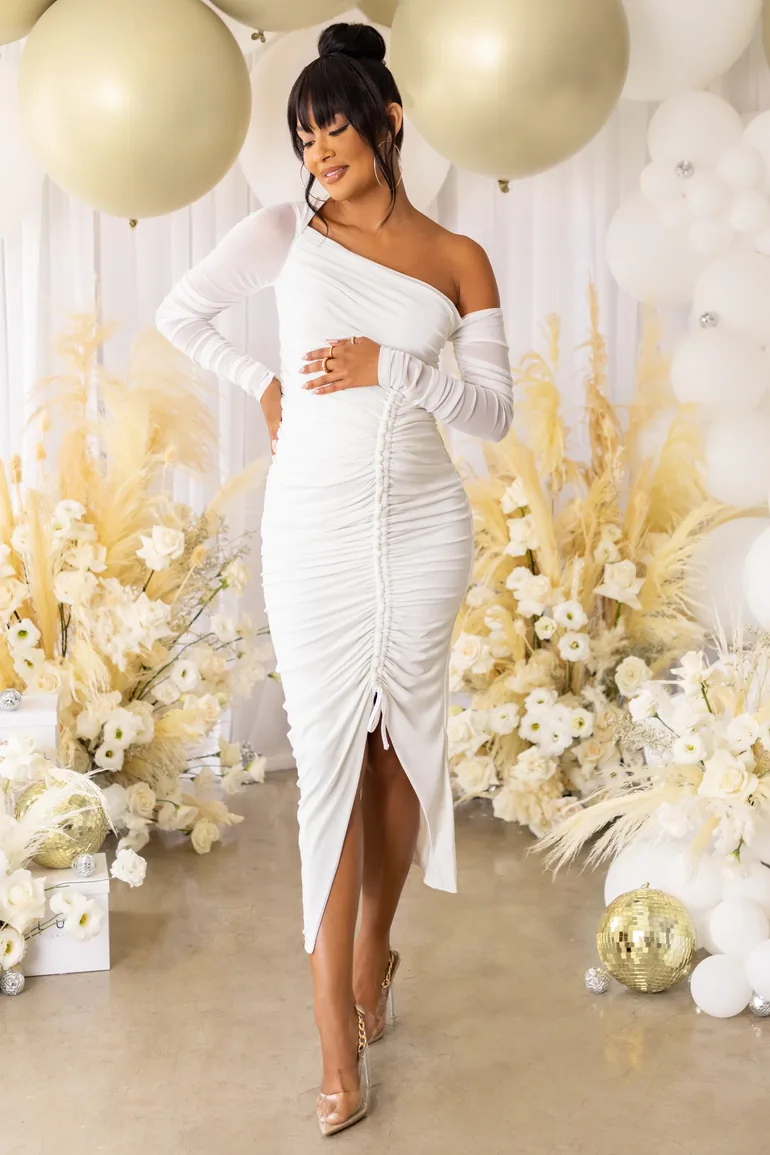 cocktail dresses midi long sleeve Shapewear V-Neck Ruched Bodycon Midi Dress | Long Sleeve