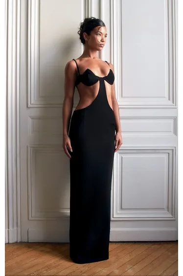 فستان ماكسي بصدر بفتحات - أسود