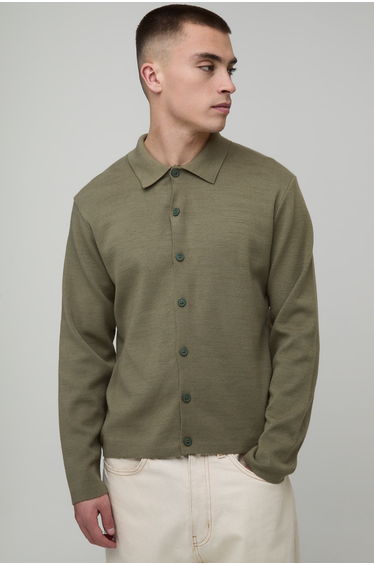 Boxy Fit Soft Touch Long Sleeve Knitted Shirt - olive