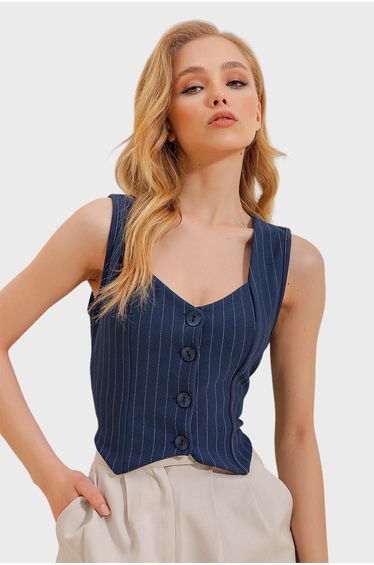Women's Navy Blue Heart Collar Buttoned Striped Vest