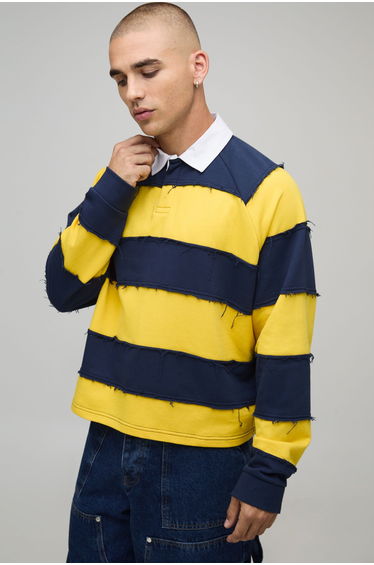 Oversized Shrunken Distressed Long Sleeve Rugby Polo - navy