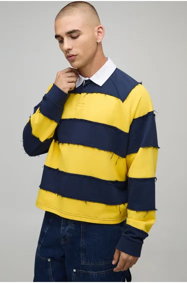 قميص بولو بوهو مان كحلي بطبعة مخططة بأكمام طويلة