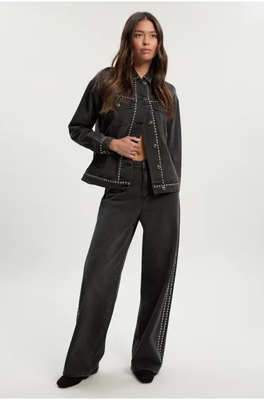 Studded Oversized Denim Jacket - washed black