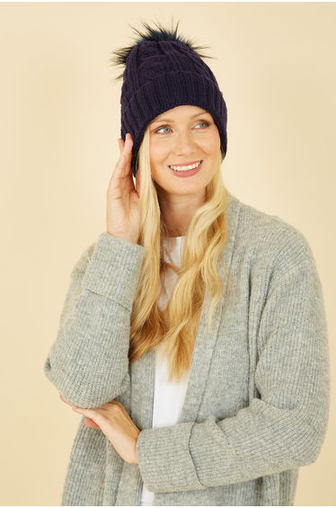 Cable Knit Hat With Pom Pom