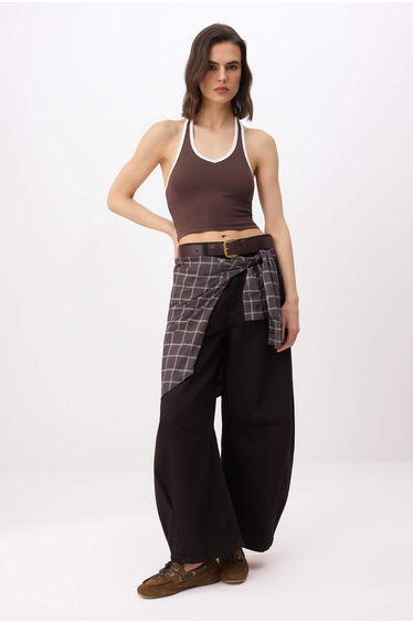 Brown Fitted/Body-Fitting Halter Neck Tie-Detail Piped Cotton Rib Knit Knitted Tank Top