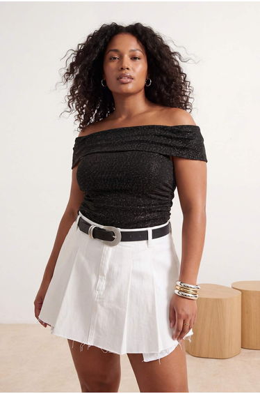 Gold Glitter Knitted Carmen Collar Knitted Plus Size Blouse