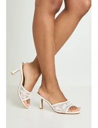 Mesh Beaded Low Stiletto Heeled Mules - white - 1