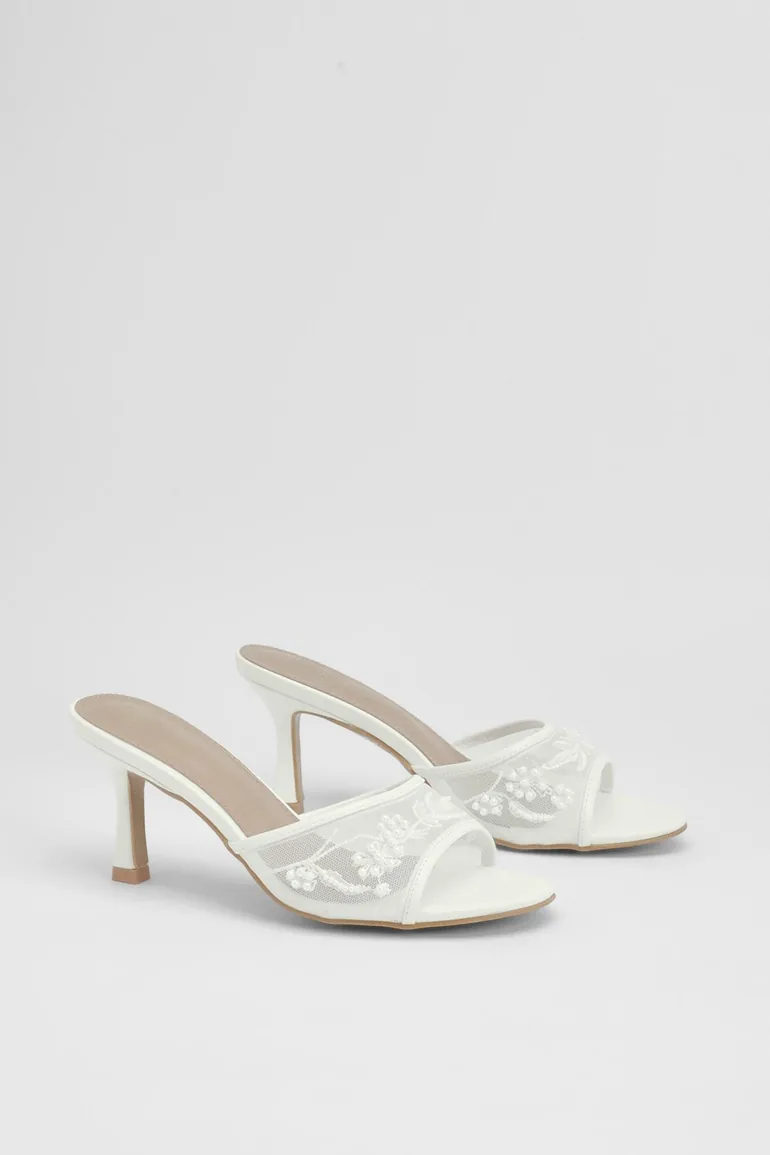 Mesh Beaded Low Stiletto Heeled Mules - white - 2