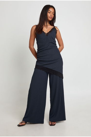 Crinkle Wide Leg Trouser - navy
