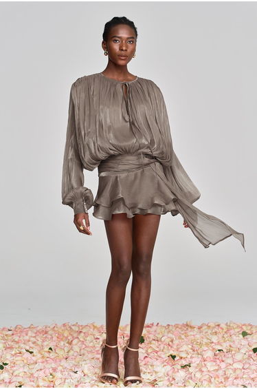 Aminah Balloon Sleeve Ruch Ruffle Mini Dress In Brown