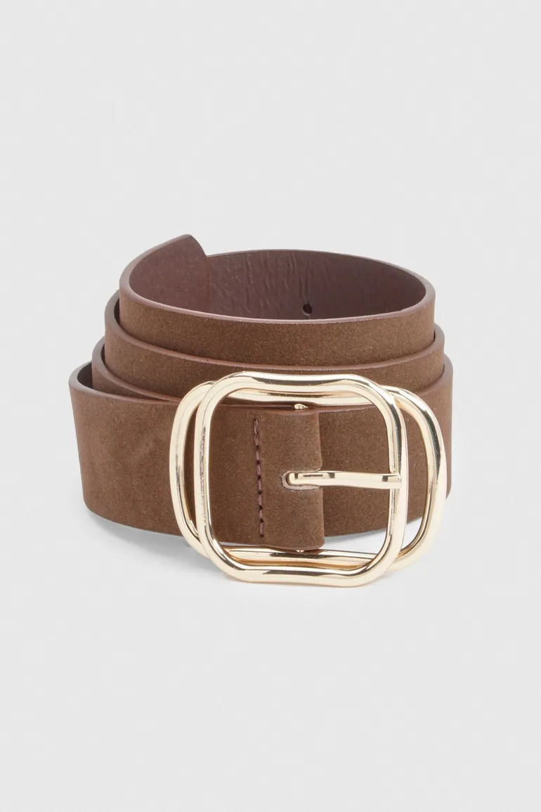 Faux Suede Double Buckle Detail Belt - chocolate - 1