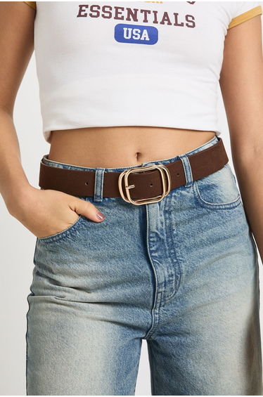 Faux Suede Double Buckle Detail Belt - chocolate
