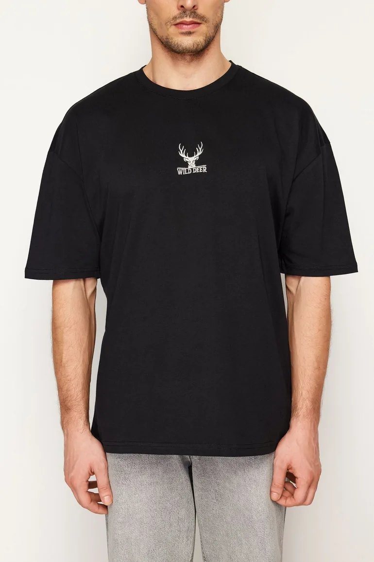 Black Men's Oversize Deer Embroidered Cotton T-Shirt - 4