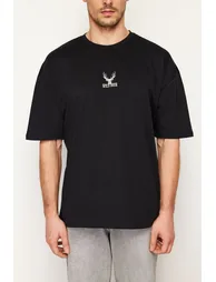 Black Men's Oversize Deer Embroidered Cotton T-Shirt - 4