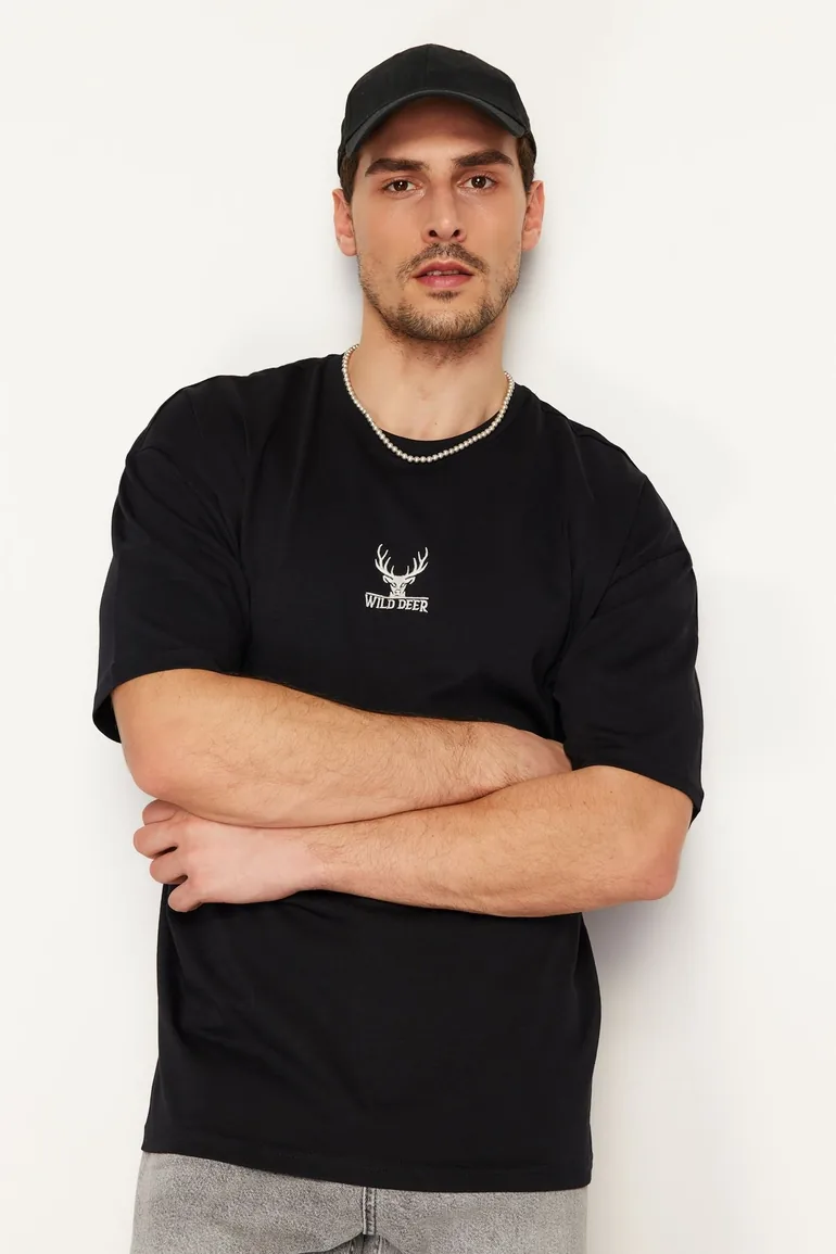 Black Men's Oversize Deer Embroidered Cotton T-Shirt - 3