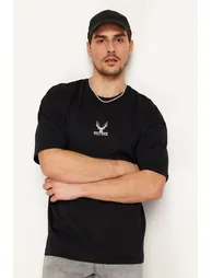 Black Men's Oversize Deer Embroidered Cotton T-Shirt - 3