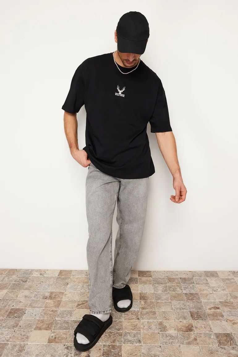 Black Men's Oversize Deer Embroidered Cotton T-Shirt