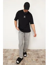Black Men's Oversize Deer Embroidered Cotton T-Shirt