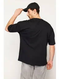 Black Men's Oversize Deer Embroidered Cotton T-Shirt - 2